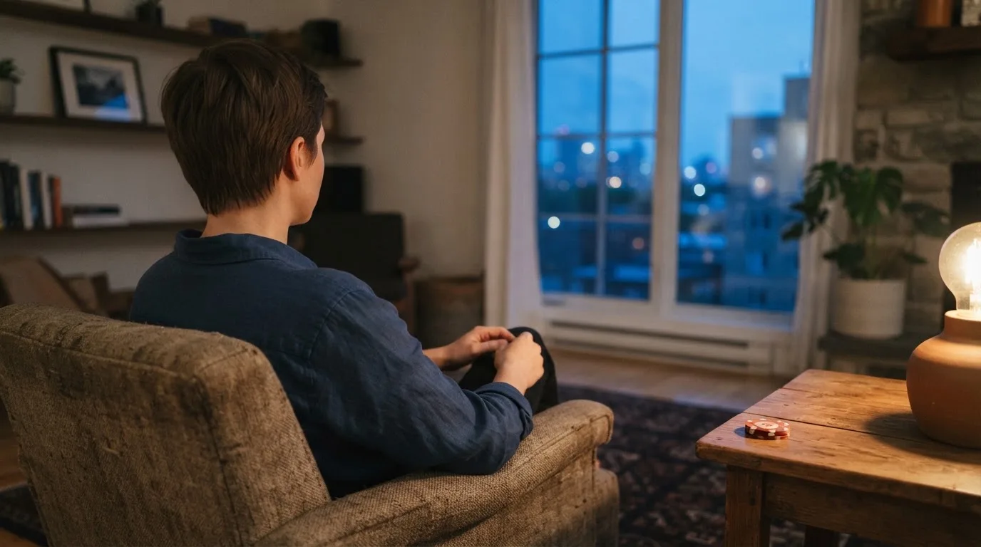 En person sitter ensam i en fåtölj med händerna knäppta och blicken riktad ut genom fönstret en lugn kväll.