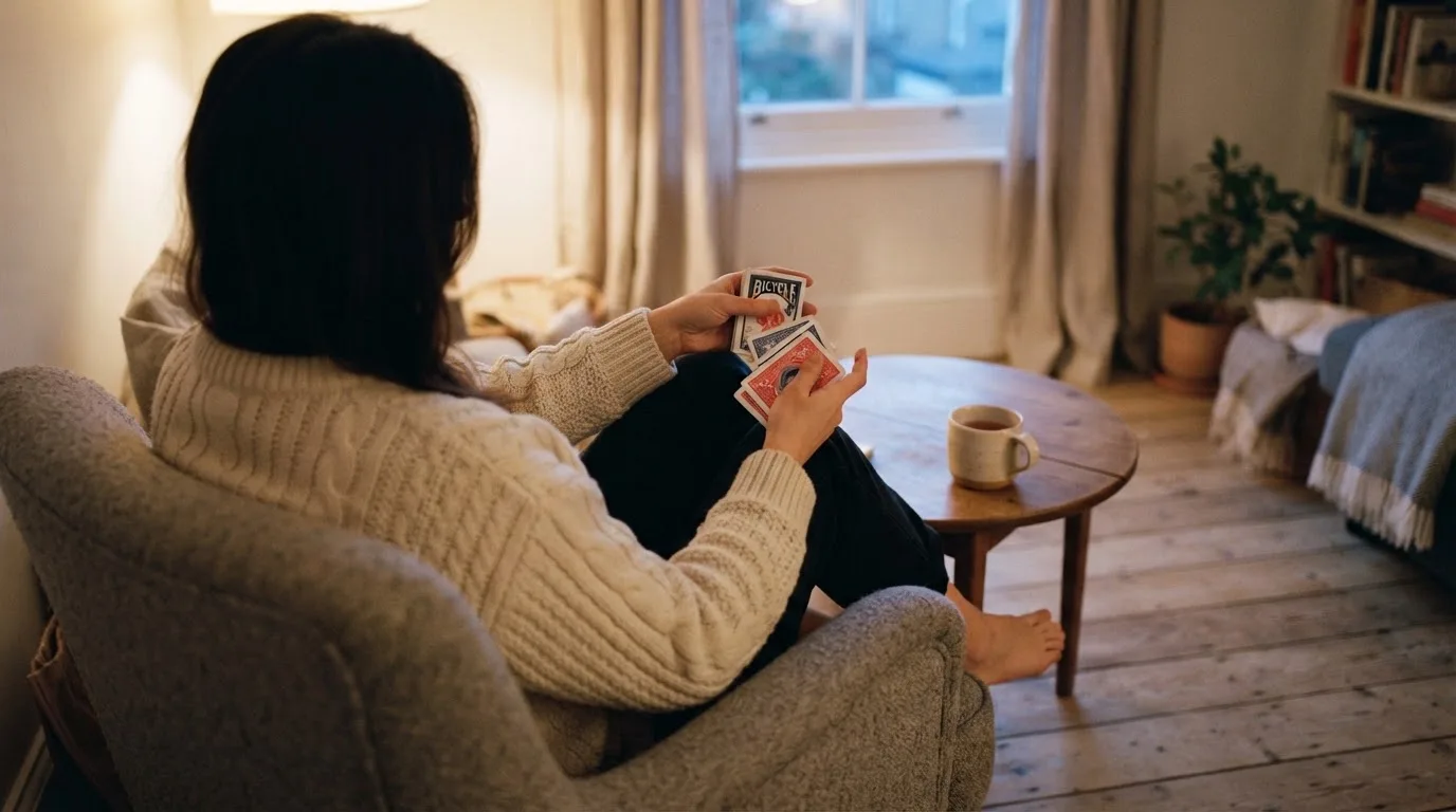 En person sitter hemma i en fåtölj och blandar en kortlek på ett litet bord, med mjukt kvällsljus genom fönstret i bakgrunden.