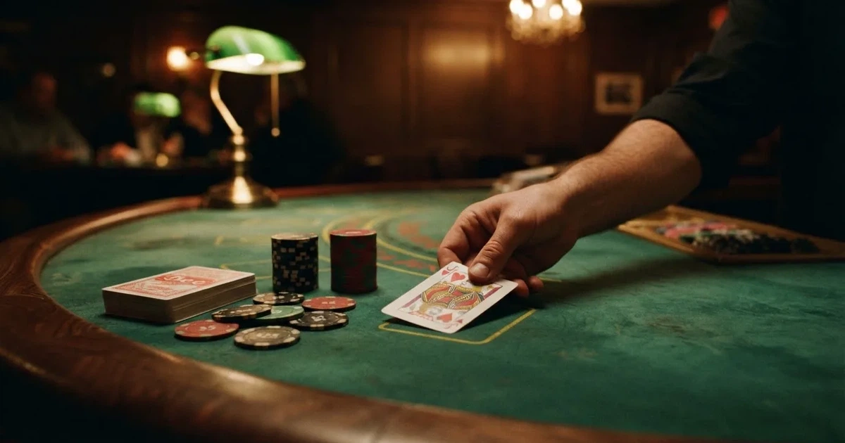 En närbild av ett grönt blackjackbord med kortlek, spelmarker i olika färger och suddiga händer som delar korten i mjukt ljus.