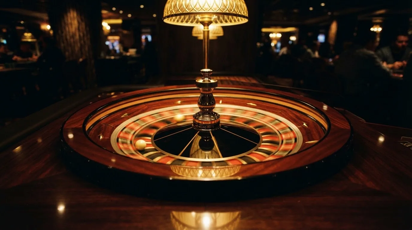 Ett roulettehjul snurrar på ett blankt träbord, den vita kulan glimmar i takljusets guld — spela spelautomater i sverige