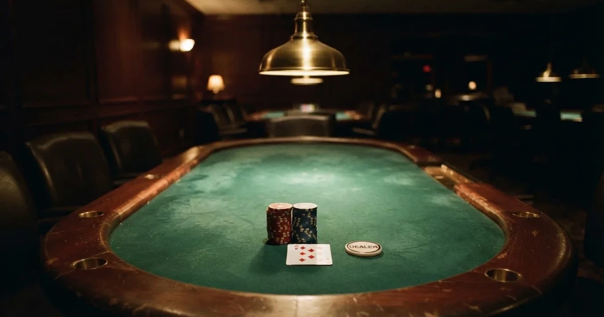 Ett ovalt pokerbord under en lågt hängande lampa, med spelmarker och en vit bricka i ljuset — spelautomater på nätet