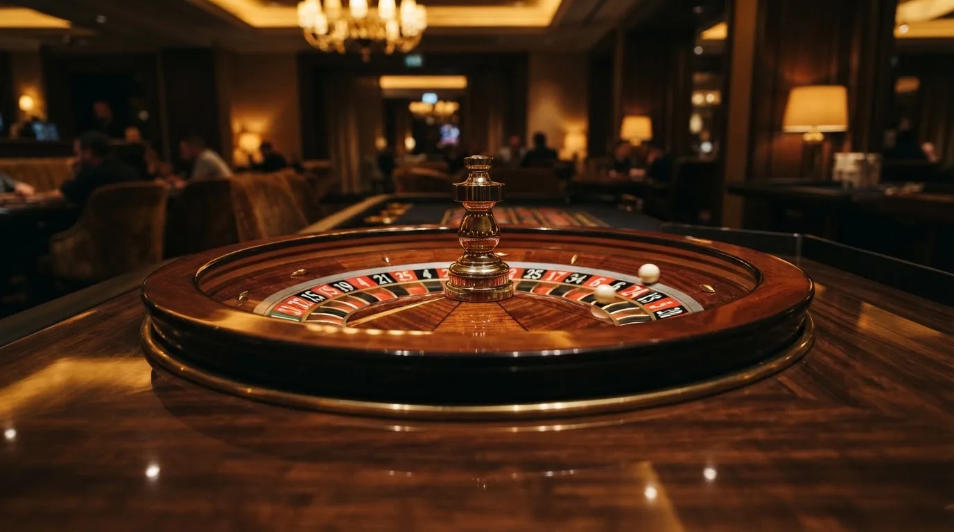 Ett roulettehjul snurrar på ett blankt träbord, den vita kulan glimmar i takljusets guld — svenska casino betala med telefon