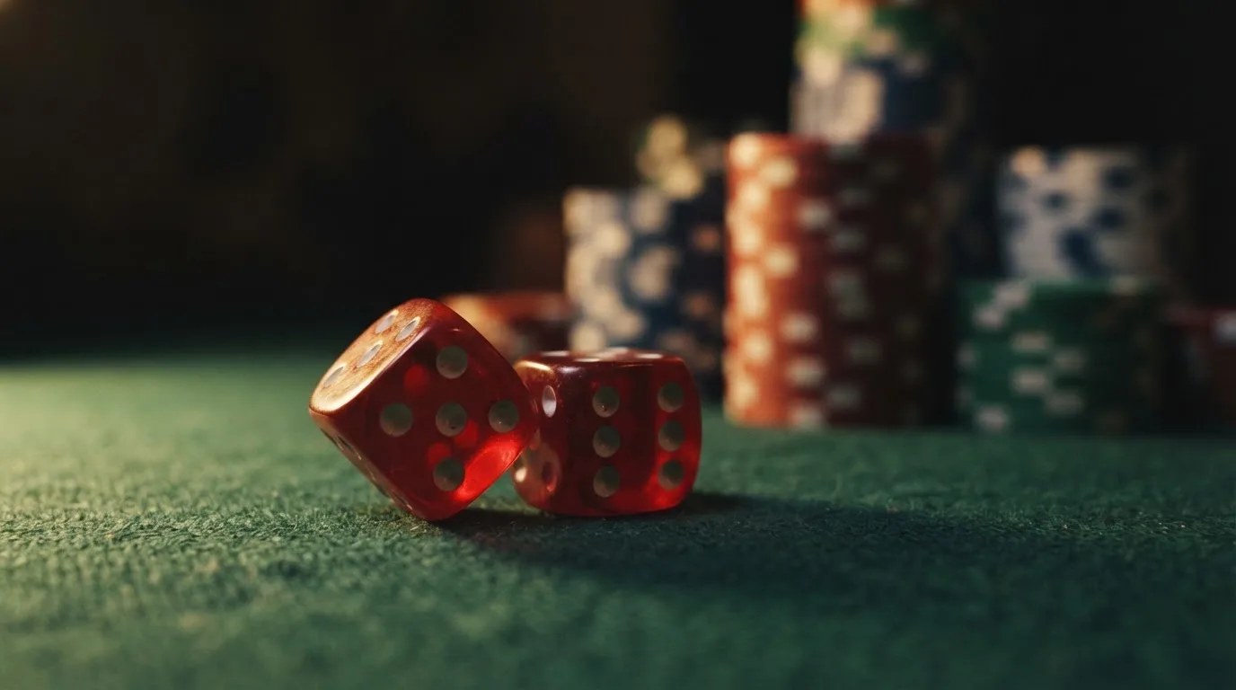 Röda tärningar vilar på grönt filt, bakom dem suddiga torn av spelmarker i kvällsdunklet — svenska casinon för high rollers