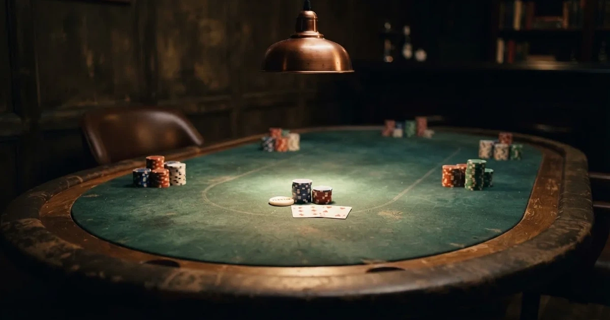 Ett ovalt pokerbord under en lågt hängande lampa, med spelmarker och en vit bricka i ljuset — svenska casinon för high rollers