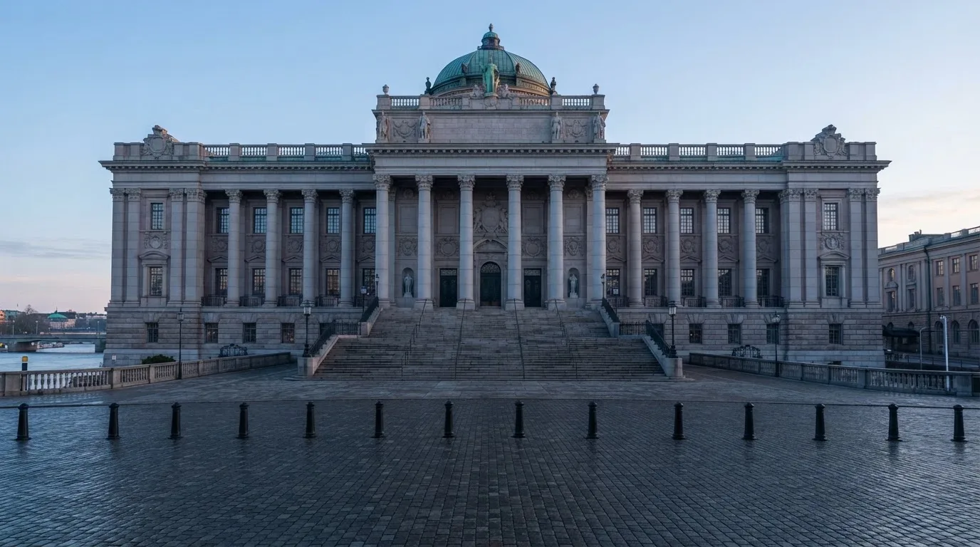 Stenfasad på en statlig byggnad i Stockholm vid gryning, höga pelare och ett tomt torg framför — svenska casinon för high rollers