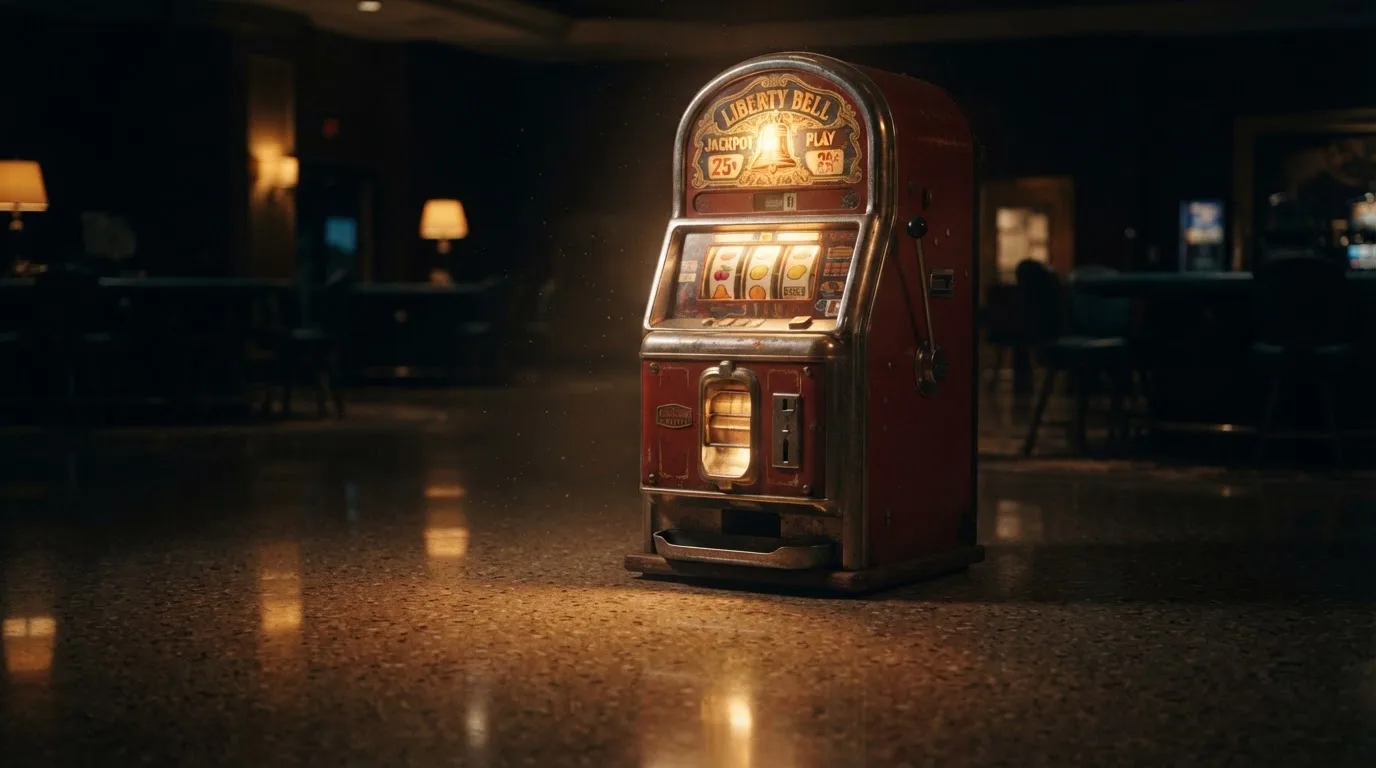 En gammal spelautomat lyser i den dunkla hallen och speglar sig i golvet — svenska casinon för storspelare