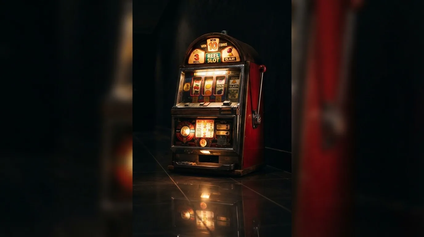 En gammal spelautomat lyser i den dunkla hallen och speglar sig i golvet — svenska casinon med banköverföring