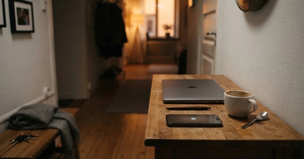 Kaffekopp och penna på ett smalt hallbord i skymning, en stängd bärbar dator vid sidan — svenska casinon med banköverföring
