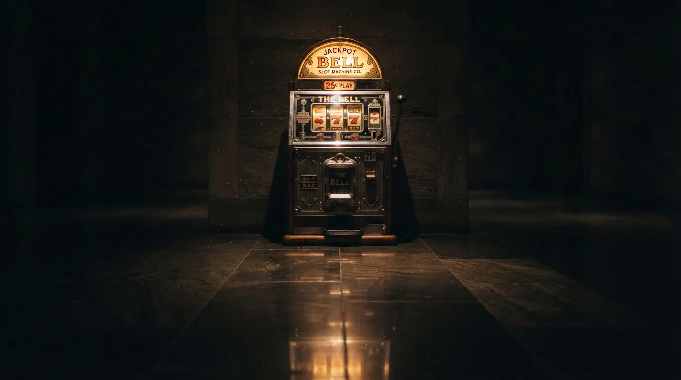 En gammal spelautomat lyser i den dunkla hallen och speglar sig i golvet — svenska casinon med bitcoin