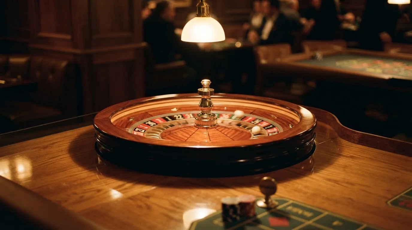 Ett roulettehjul snurrar på ett blankt träbord, den vita kulan glimmar i takljusets guld — svenska casinon med brite