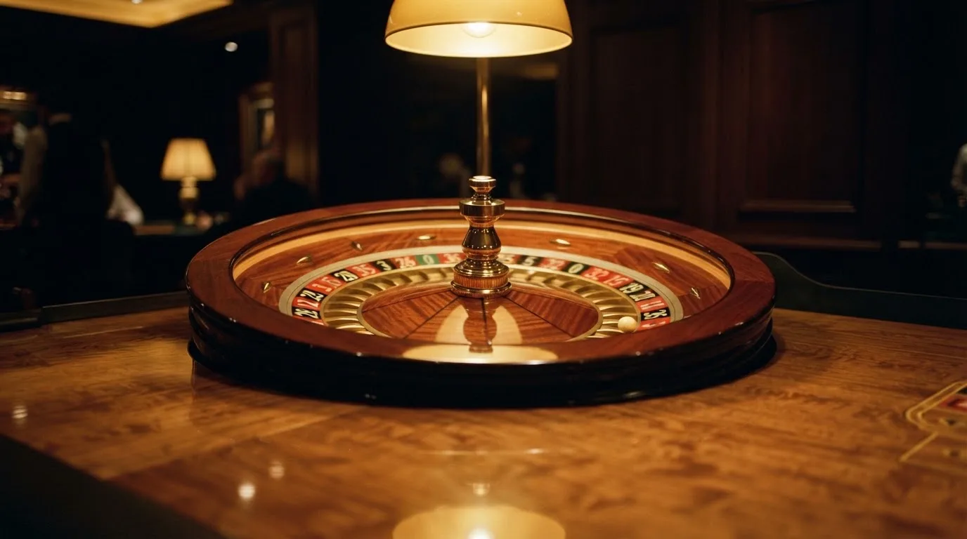 Ett roulettehjul snurrar på ett blankt träbord, den vita kulan glimmar i takljusets guld — svenska casinon med dogecoin