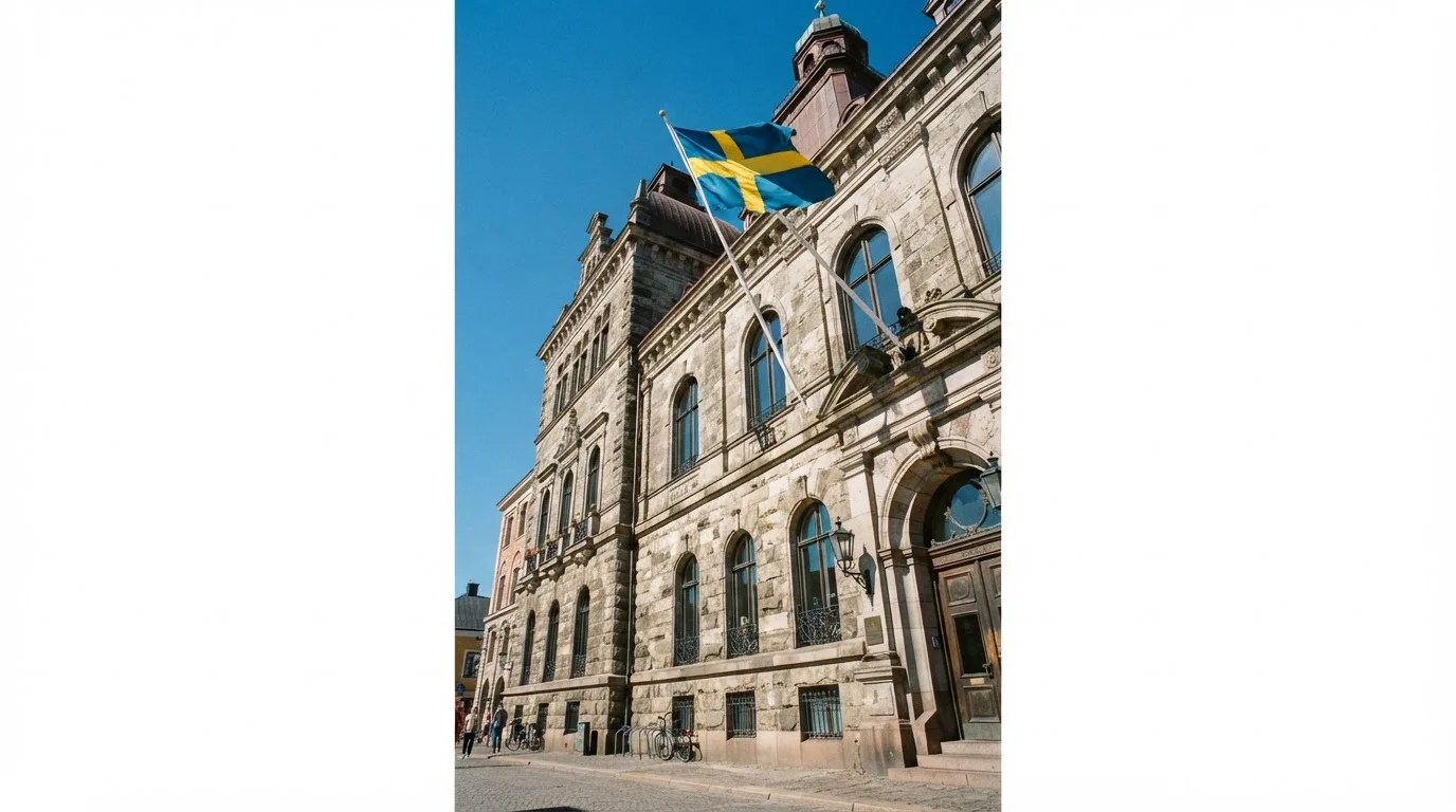 Ett gammalt stadshus i sten fotograferat underifrån mot en klarblå himmel, med den svenska flaggan som fladdrar ovanför entrén.