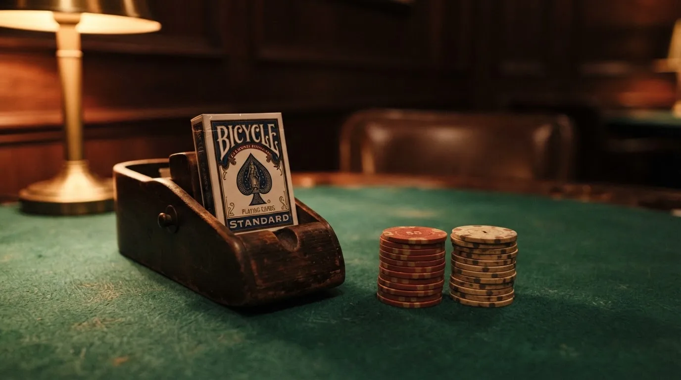 Kortlek och staplar av spelmarker på ett grönt filtbord i en dunkel salong, varmt lampsken — svenska casinon med faktura