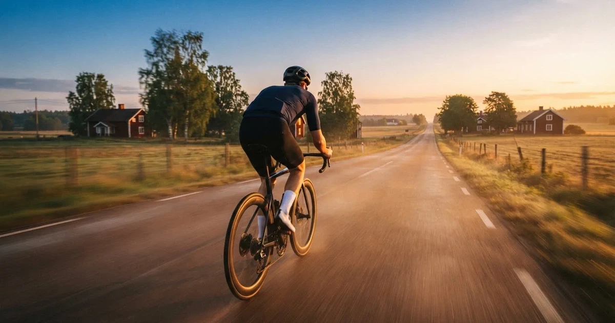 En cyklist susar längs en landsväg vid soluppgång, farten gör åkrarna suddiga i bakgrunden — svenska casinon med faktura