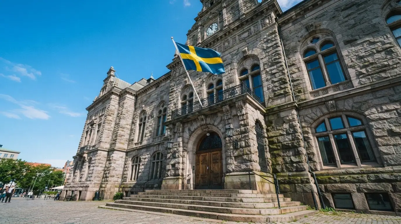 Ett gammalt stadshus i sten fotograferat underifrån mot en klarblå himmel, med den svenska flaggan som fladdrar ovanför entrén.