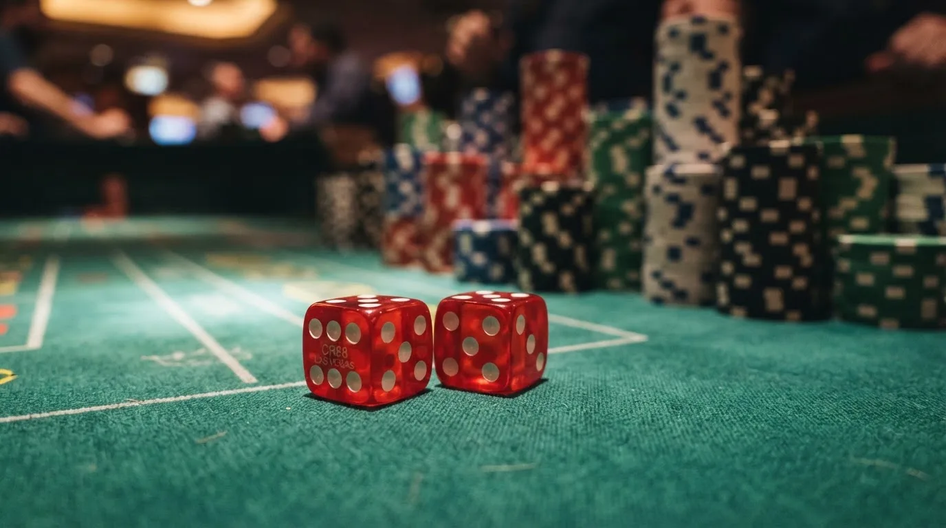Röda tärningar vilar på grönt filt, bakom dem suddiga torn av spelmarker i kvällsdunklet — svenska casinon med google pay