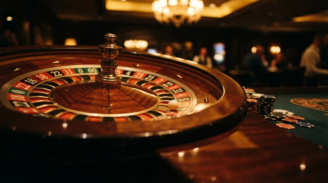 Ett roulettehjul snurrar på ett blankt träbord, den vita kulan glimmar i takljusets guld — svenska casinon med högst rtp