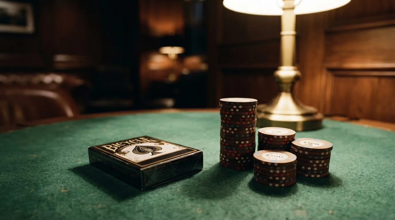 Kortlek och staplar av spelmarker på ett grönt filtbord i en dunkel salong, varmt lampsken — svenska casinon med jeton