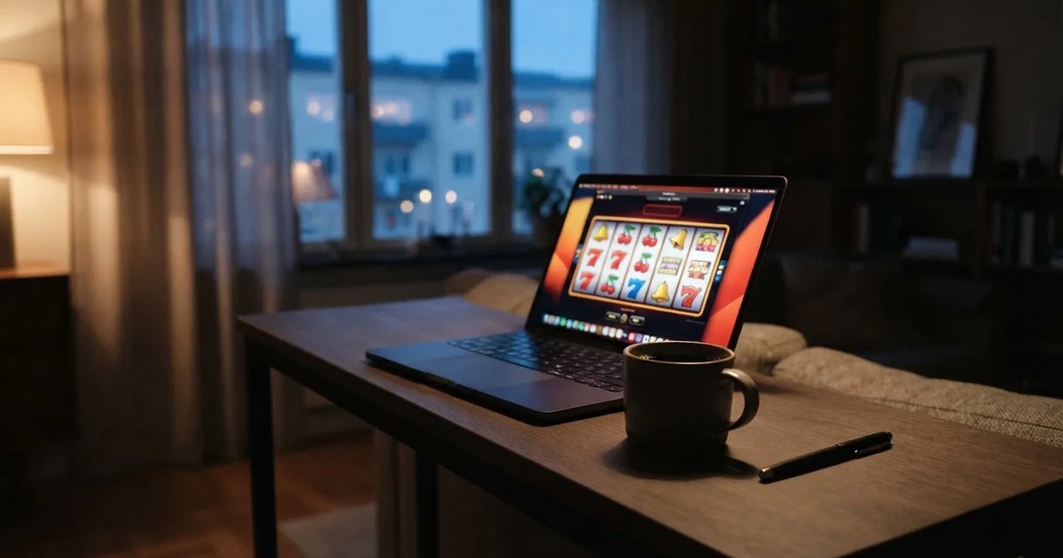 Kaffekopp och penna på ett smalt hallbord i skymning, en stängd bärbar dator vid sidan — svenska casinon med jeton