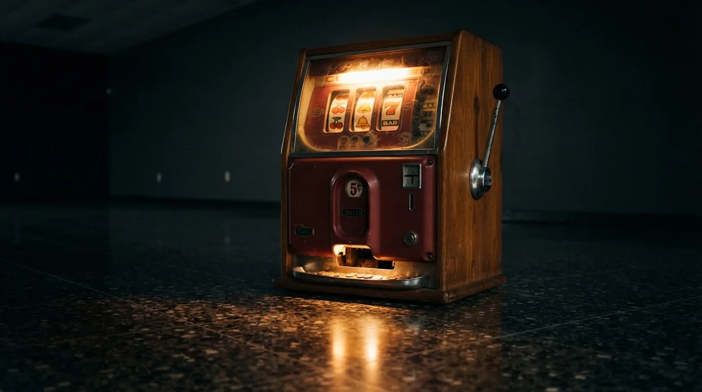 En gammal spelautomat lyser i den dunkla hallen och speglar sig i golvet — svenska casinon med keno