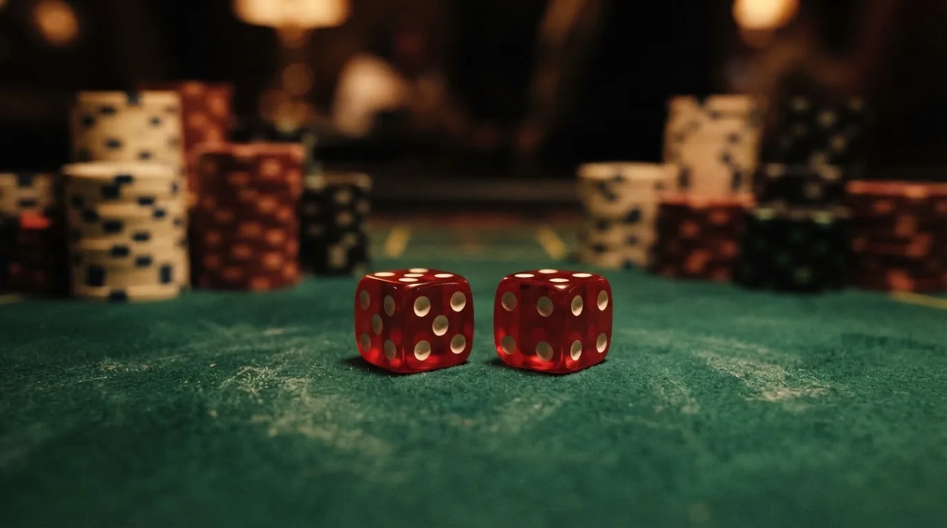 Röda tärningar vilar på grönt filt, bakom dem suddiga torn av spelmarker i kvällsdunklet — svenska casinon med klarna