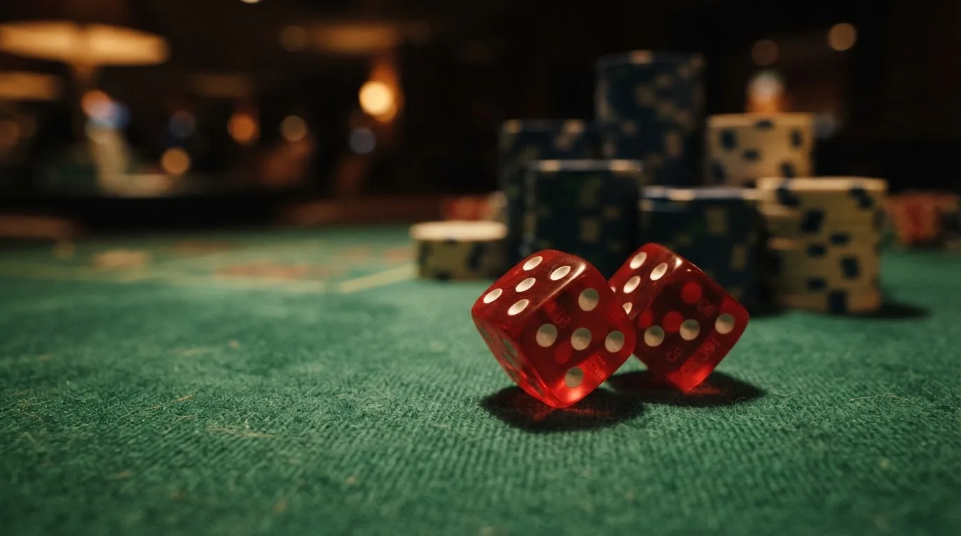 Röda tärningar vilar på grönt filt, bakom dem suddiga torn av spelmarker i kvällsdunklet — svenska casinon med litecoin