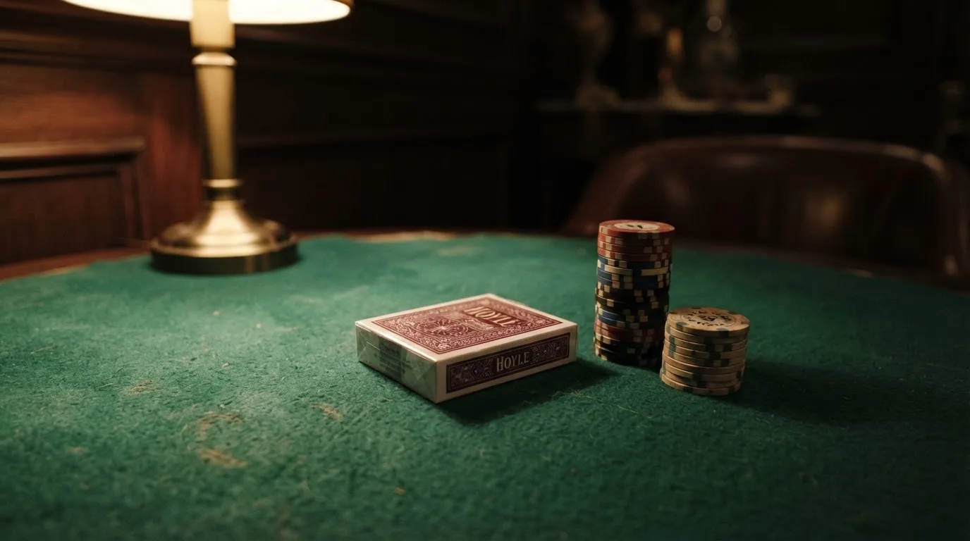 Kortlek och staplar av spelmarker på ett grönt filtbord i en dunkel salong, varmt lampsken — svenska casinon med mastercard