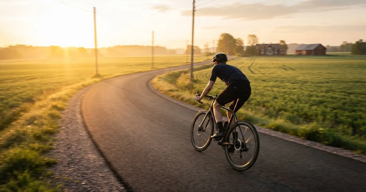 En cyklist susar längs en landsväg vid soluppgång, farten gör åkrarna suddiga i bakgrunden — svenska casinon med mastercard