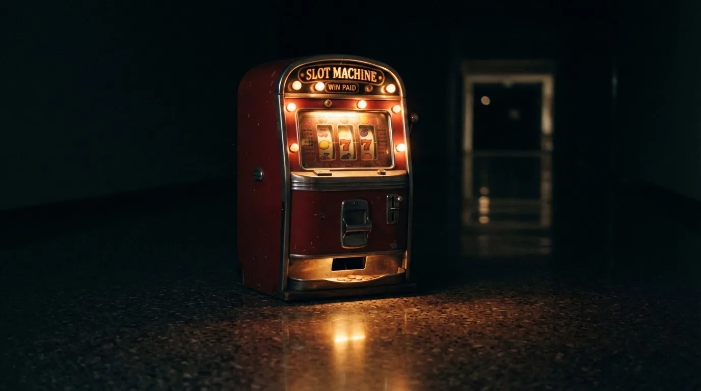 En gammal spelautomat lyser i den dunkla hallen och speglar sig i golvet — svenska casinon med mga licens