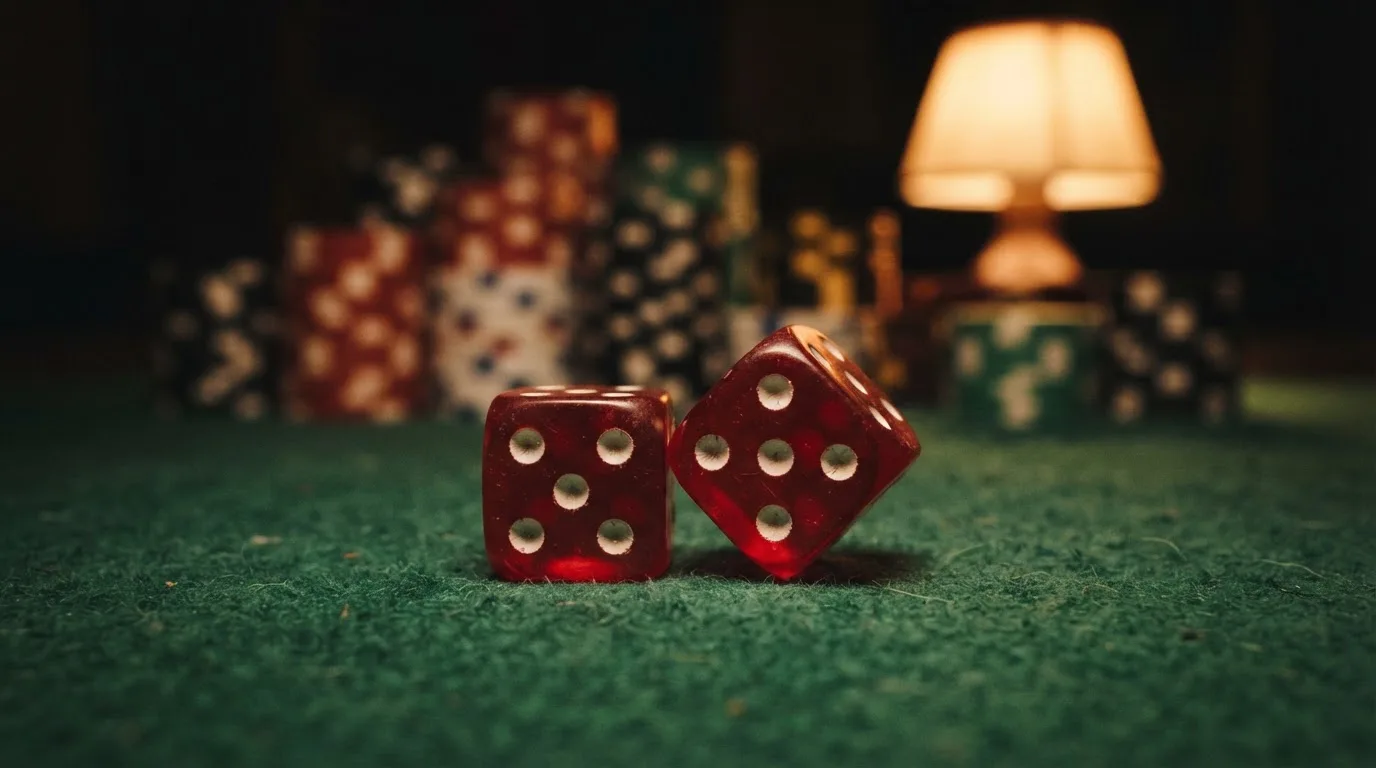 Röda tärningar vilar på grönt filt, bakom dem suddiga torn av spelmarker i kvällsdunklet — svenska casinon med neosurf