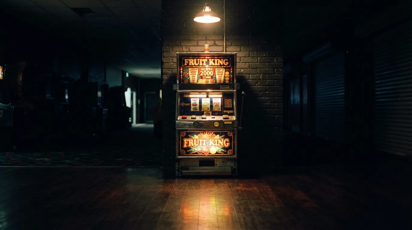 En gammal spelautomat lyser i den dunkla hallen och speglar sig i golvet — svenska casinon med neteller