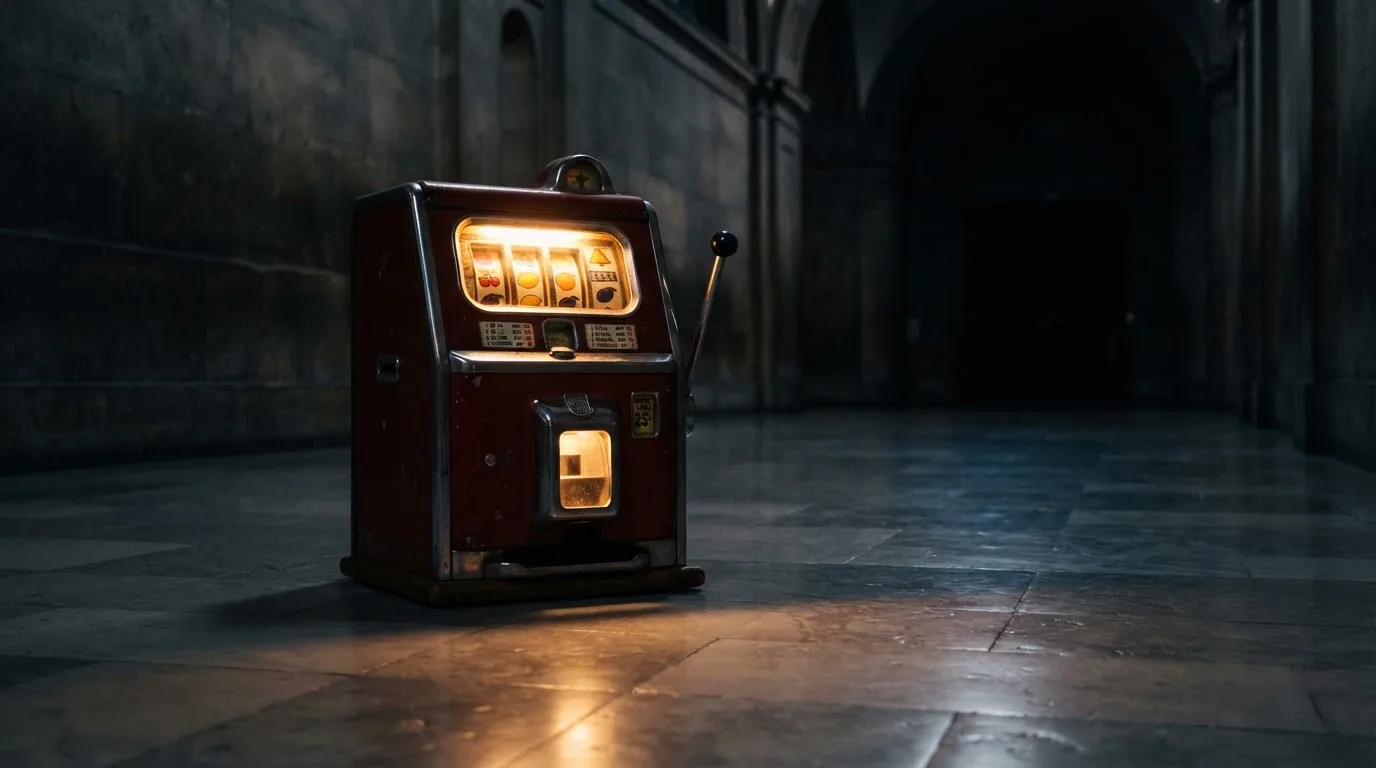 En gammal spelautomat lyser i den dunkla hallen och speglar sig i golvet — svenska casinon med paypal