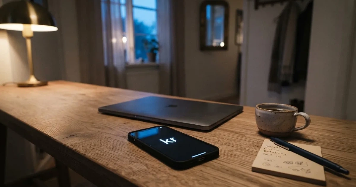 Kaffekopp och penna på ett smalt hallbord i skymning, en stängd bärbar dator vid sidan — svenska casinon med paypal