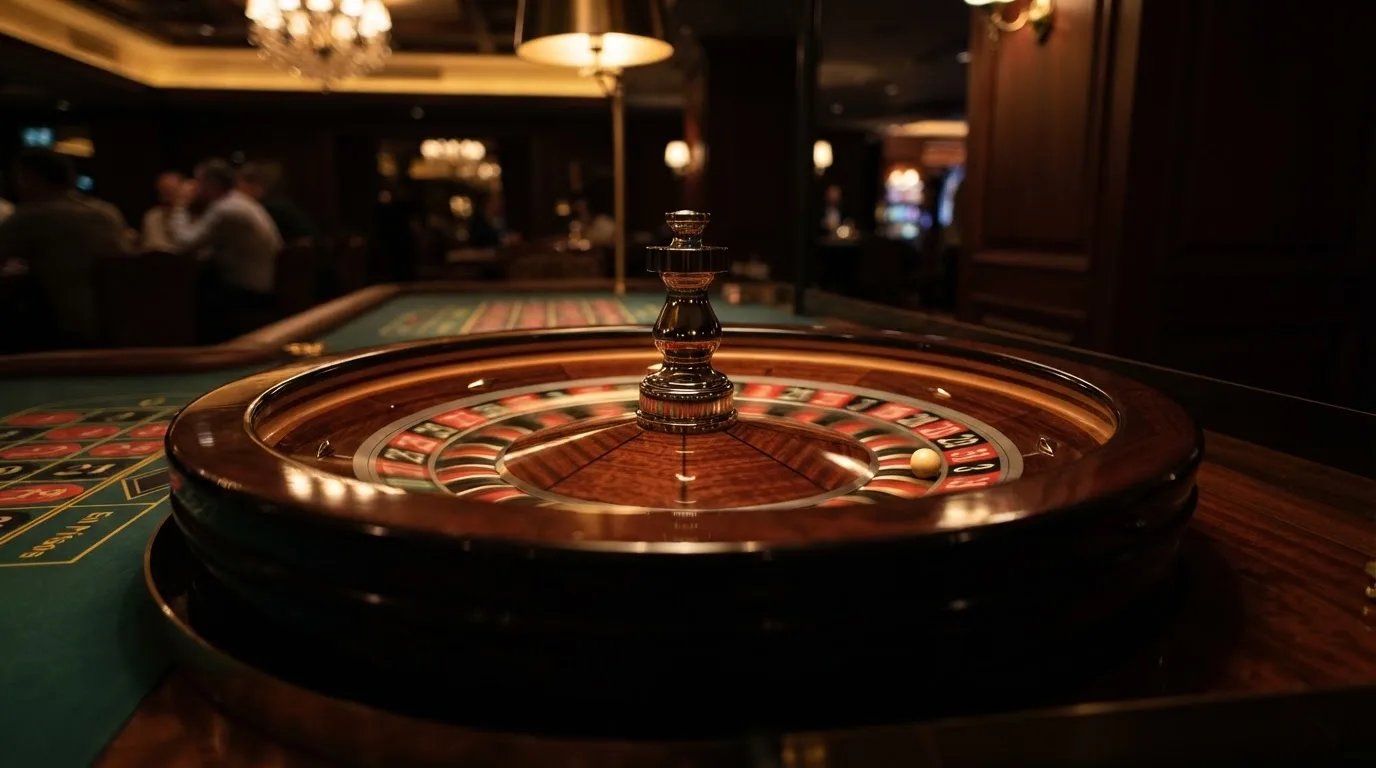 Ett roulettehjul snurrar på ett blankt träbord, den vita kulan glimmar i takljusets guld — svenska casinon med paysafecard