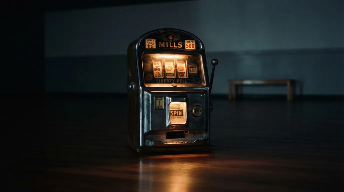 En gammal spelautomat lyser i den dunkla hallen och speglar sig i golvet — svenska casinon med siru