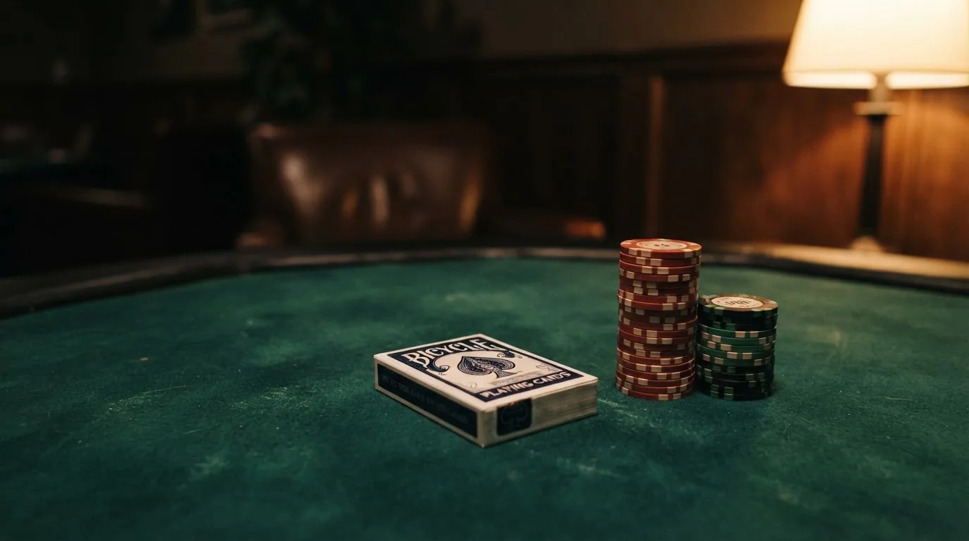Kortlek och staplar av spelmarker på ett grönt filtbord i en dunkel salong, varmt lampsken — svenska casinon med skrill
