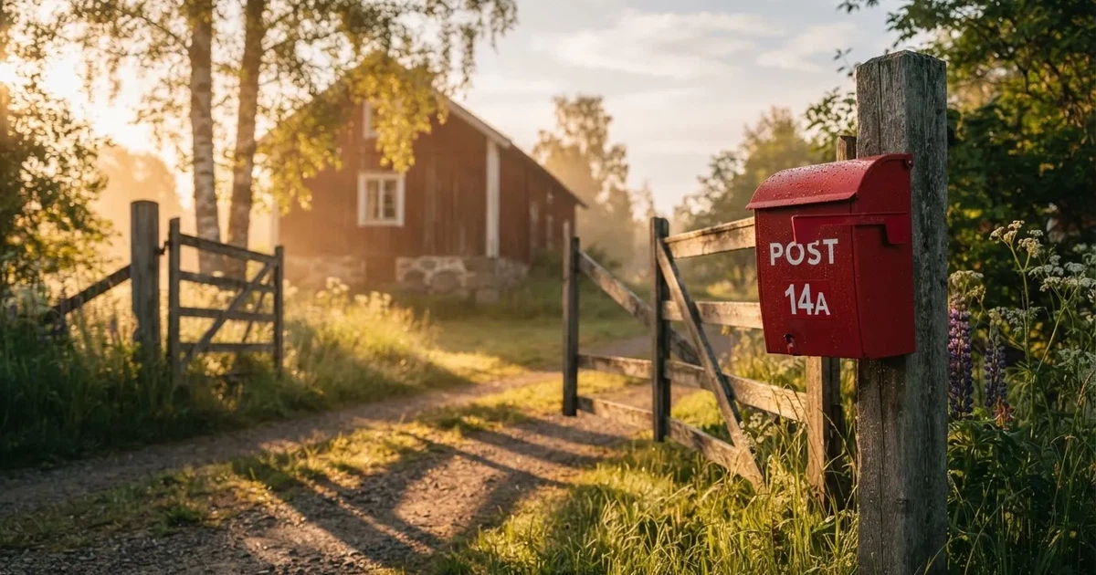 En röd brevlåda vid grinden till en lantgård en sommarkväll, daggigt gräs och långa skuggor — svenska casinon med skrill