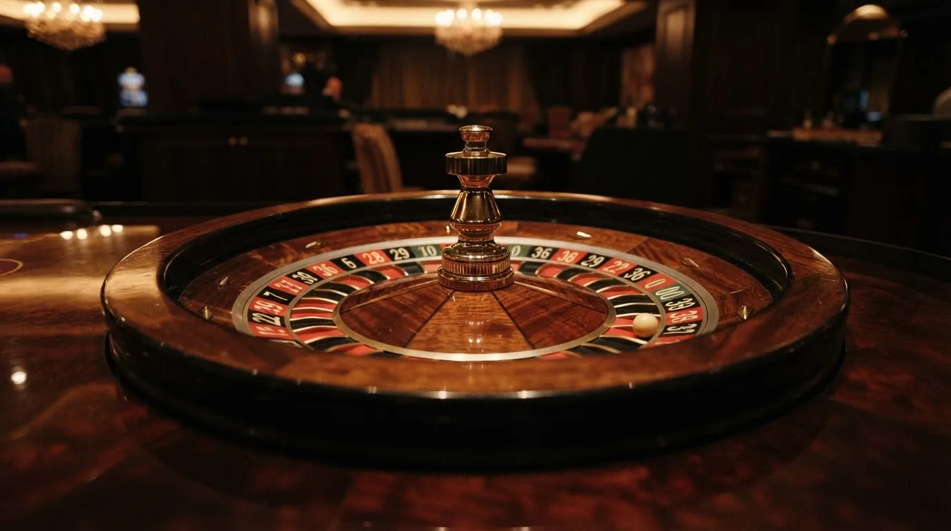 Ett roulettehjul snurrar på ett blankt träbord, den vita kulan glimmar i takljusets guld — svenska casinon med sms betalning