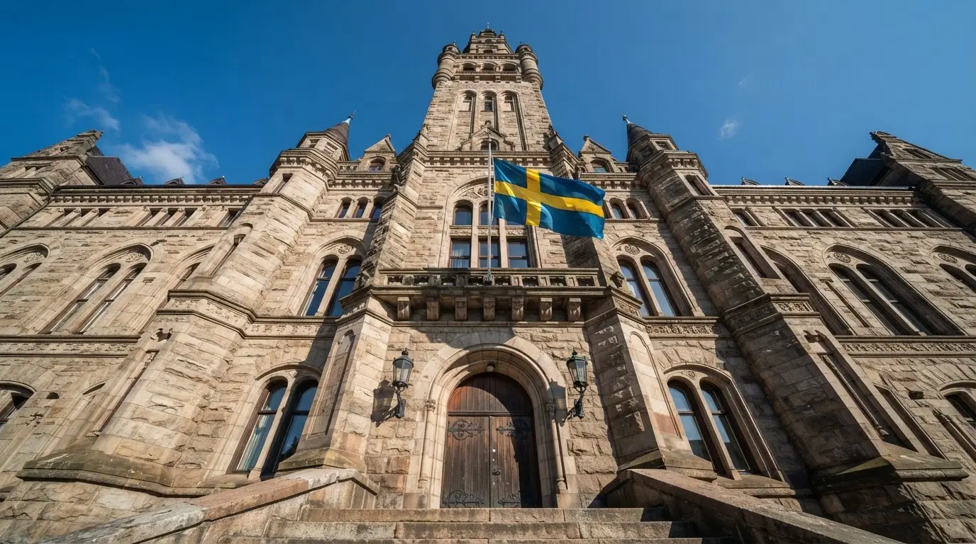 Ett gammalt stadshus i sten fotograferat underifrån mot en klarblå himmel, med den svenska flaggan som fladdrar ovanför entrén.