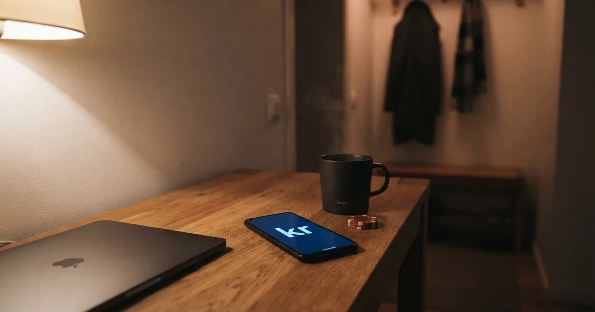 Kaffekopp och penna på ett smalt hallbord i skymning, en stängd bärbar dator vid sidan — svenska casinon med swish