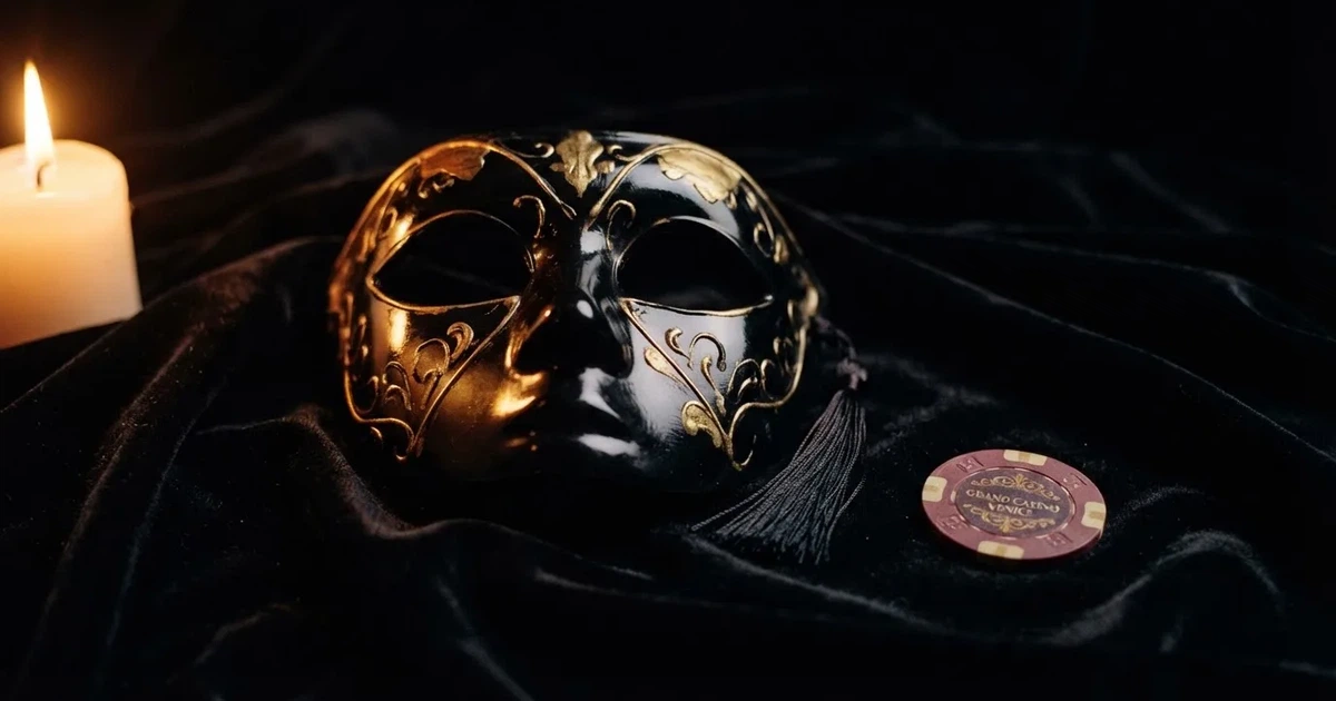 En venetiansk mask på svart sammet, ljuslågan speglas i dess blanka yta — svenska casinon med tether
