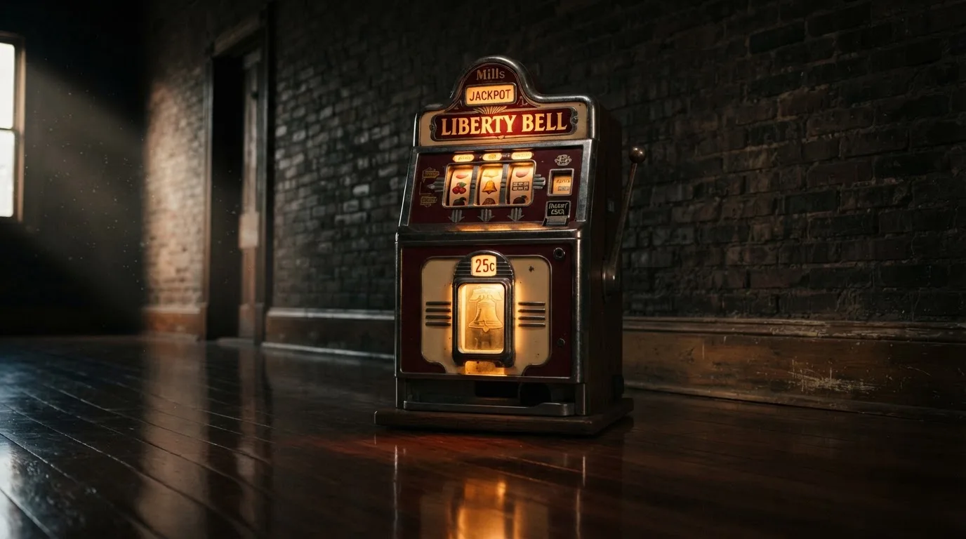 En gammal spelautomat lyser i den dunkla hallen och speglar sig i golvet — svenska casinon med tron