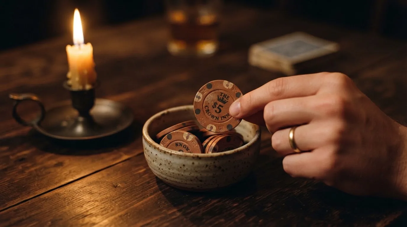 En hand lyfter en spelmark ur en skål, ljuslågan färgar bordet gyllenbrunt — svenska casinon med trustly