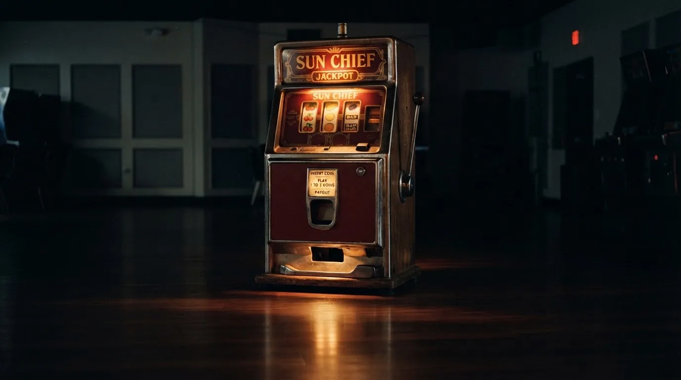 En gammal spelautomat lyser i den dunkla hallen och speglar sig i golvet — svenska casinon med visa