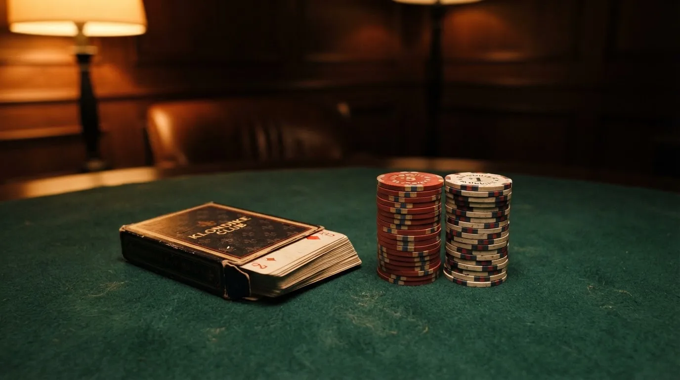 Kortlek och staplar av spelmarker på ett grönt filtbord i en dunkel salong, varmt lampsken — svenska casinon med zimpler