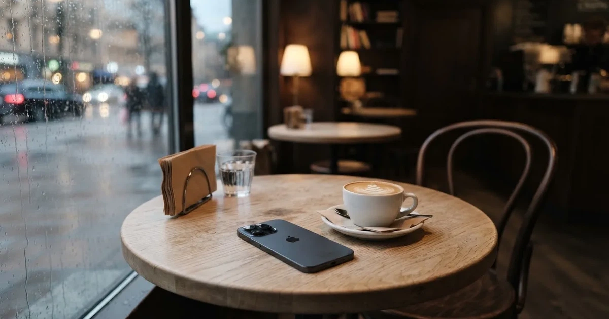 En mobil med framsidan nedåt på ett kafébord, bredvid en latte och regn mot rutan — svenska casinon på android