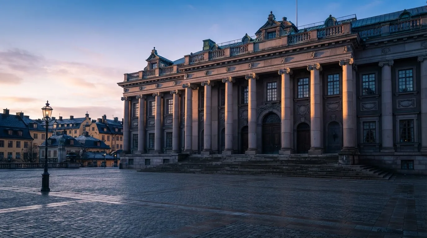 Stenfasad på en statlig byggnad i Stockholm vid gryning, höga pelare och ett tomt torg framför — svenska casinon på android