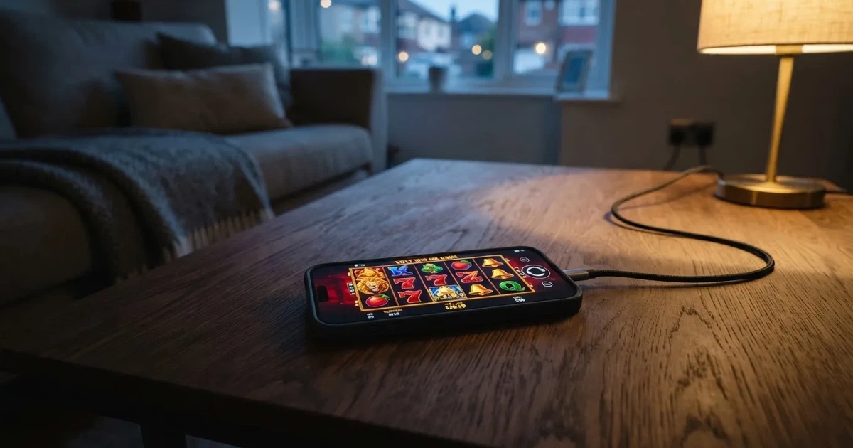 En smartphone ligger med baksidan upp på soffbordet, laddsladden ringlar och läslampan lyser mjukt — svenska casinon på ios
