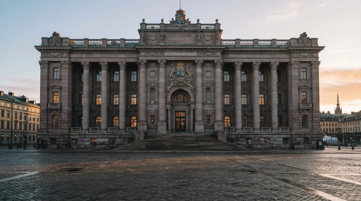 Stenfasad på en statlig byggnad i Stockholm vid gryning, höga pelare och ett tomt torg framför — svenska casinon på nätet