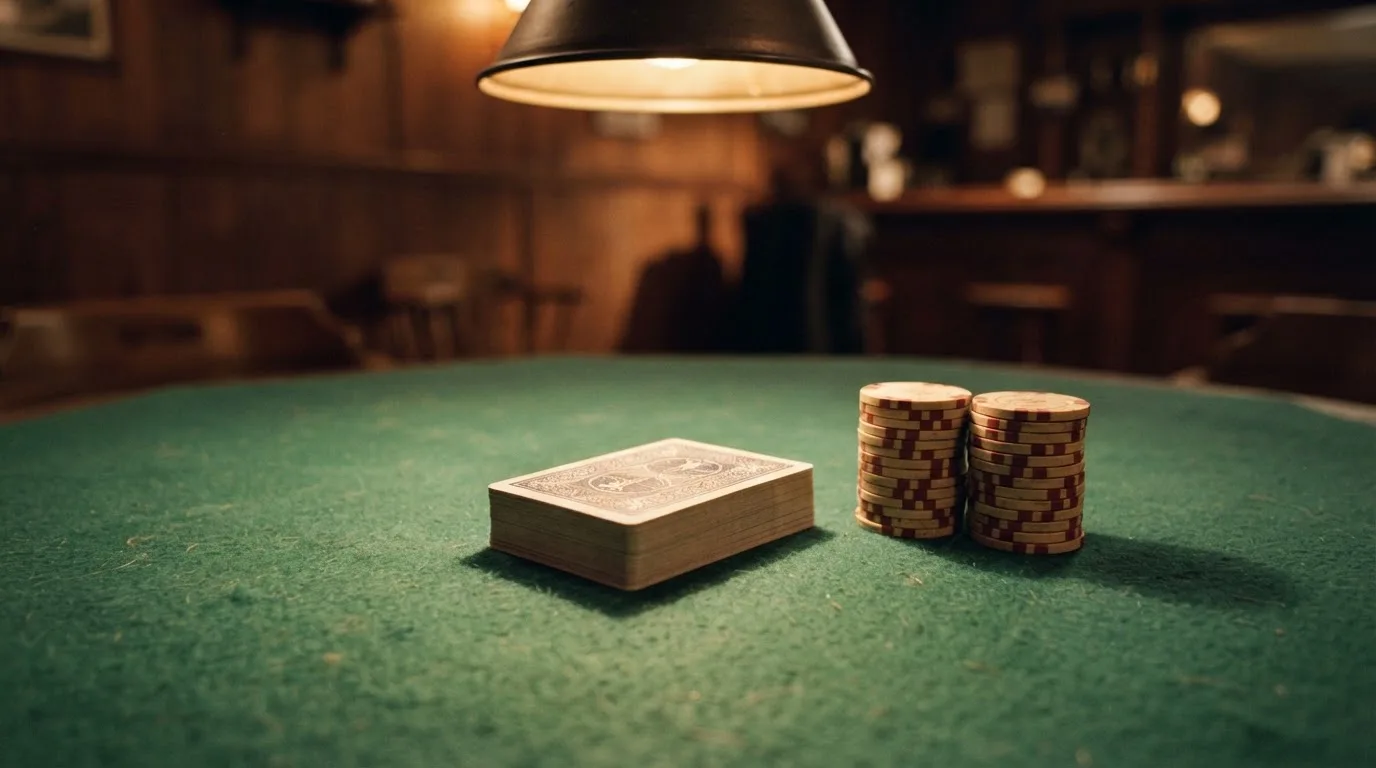 Kortlek och staplar av spelmarker på ett grönt filtbord i en dunkel salong, varmt lampsken — svenska casinon utan konto